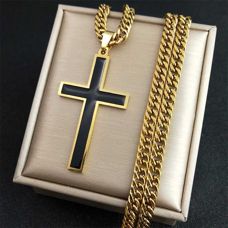 Punk Hip Hop Black Cross Pendant Necklace for Women Men Stainless Steel Gold Color Male Jesus Christ Chain Jewelry collar N8236S0 W250318