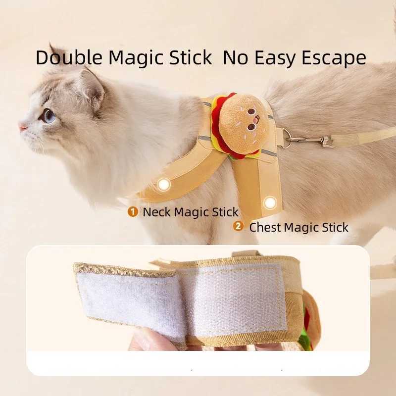 Pet chest harness with rope suitable for cats and dogs cartoon burger chip design walking rope escape vest cat collarT250318