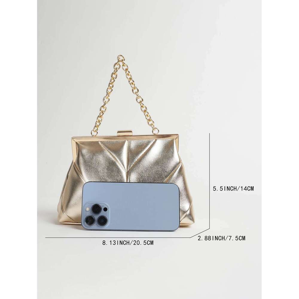 PC Matallic 1 PU Leather Elegant Pleated Kiss-Lock Closure Evening Bag,Shinny Metal Chain Holder Frame Cross Body Clutch Bag,Kis