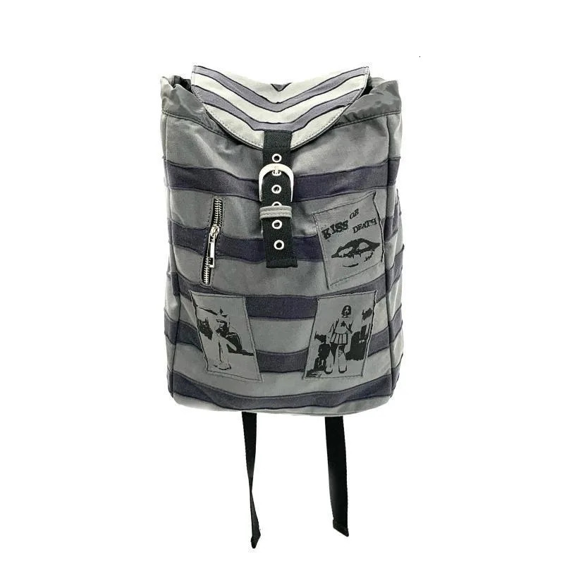 Vintage Contrast Color Striped Punk Backpack Girls Casual Kawaii Rabbit Ear Schoolbags Y2k Aesthetic Patchwork Women Backpacks 250318