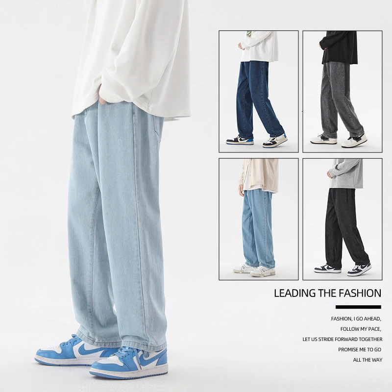 Korean Fashion Mens Casual Ankle-Length Jeans Classic Man Straight Denim Wide-leg Pants Light Blue Grey Black 3XL 250318