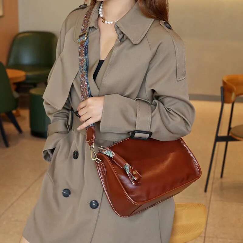 2024 New Women Underarm Bags Female Genuine Leather Retro Crossbody Ladies Cowhide Simple Shoulder Bag Commute Handbags