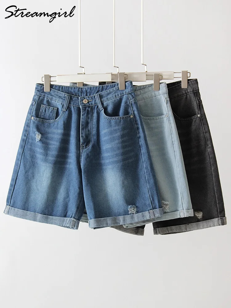 Women Denim Shorts Ripped Wide Leg Black High Waist Short Jeans Straight Leg Blue Denim Shorts For Women Summer Jean Shorts 250318