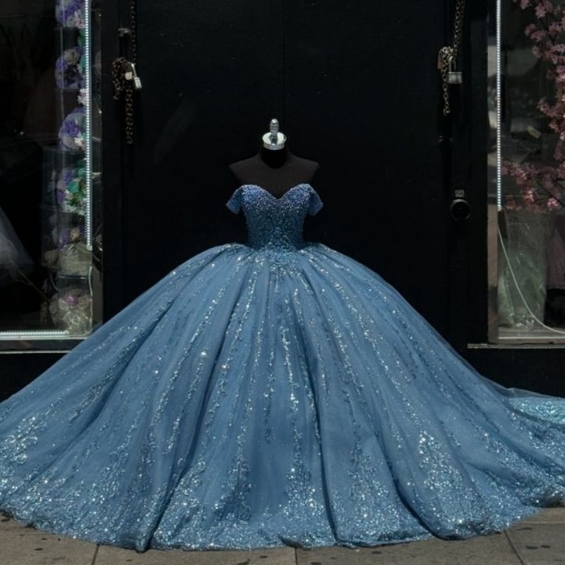 Luxury Sky Blue Quinceanera Dresses Sweetheart Sequin Lace Beads Crystal Tull Ball Gown Vestidos De 15 Anos XV Brithday Sweet 16 Dress