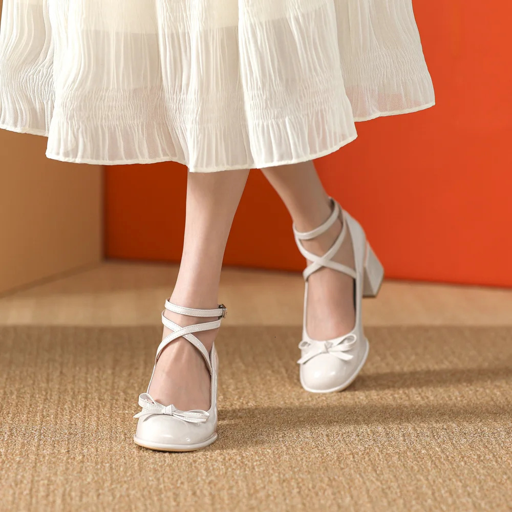 Red Mary Jane Women Pumps Fashion Bowknot Thick High Heels Female Lolita Square Toe Party Leather Shoes for Woman Sandals 250318
