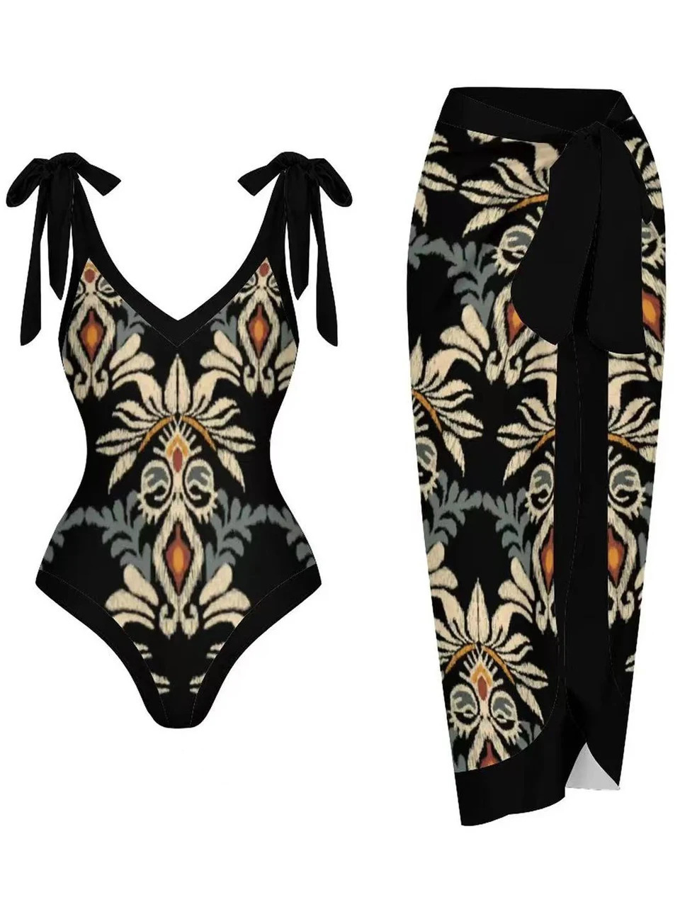 Vintage V Neck Swimsuit With Beach Dress Women One Piece Print Swimwear Female Bathing Swimming Suit Summer Wear sxl 250314