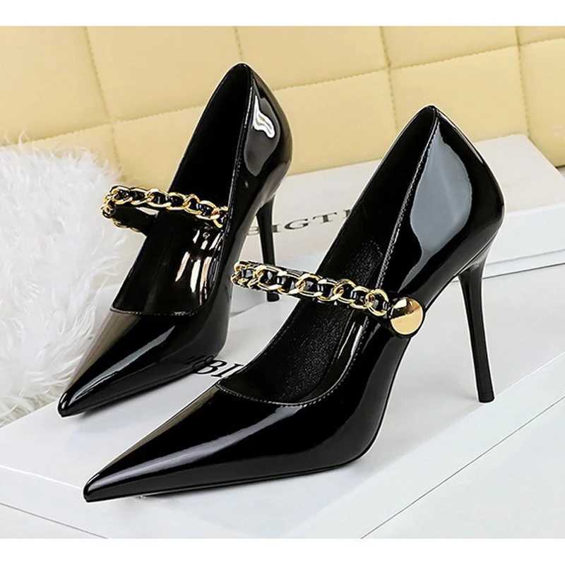 BIGTREE spring metal decorative chain text pump elegant buckle strap thin H party shoes Zapatos unprinted good product Y250317