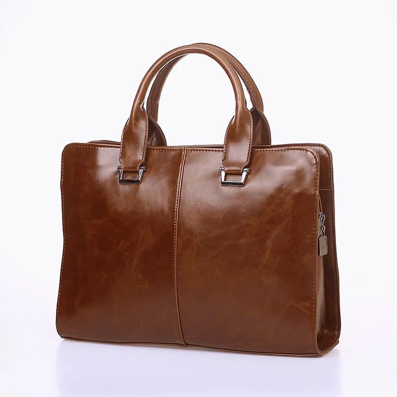Mens business office briefcase computer handbag mens PU leather handbag mens large solid shoulder bag black retro bag 250317