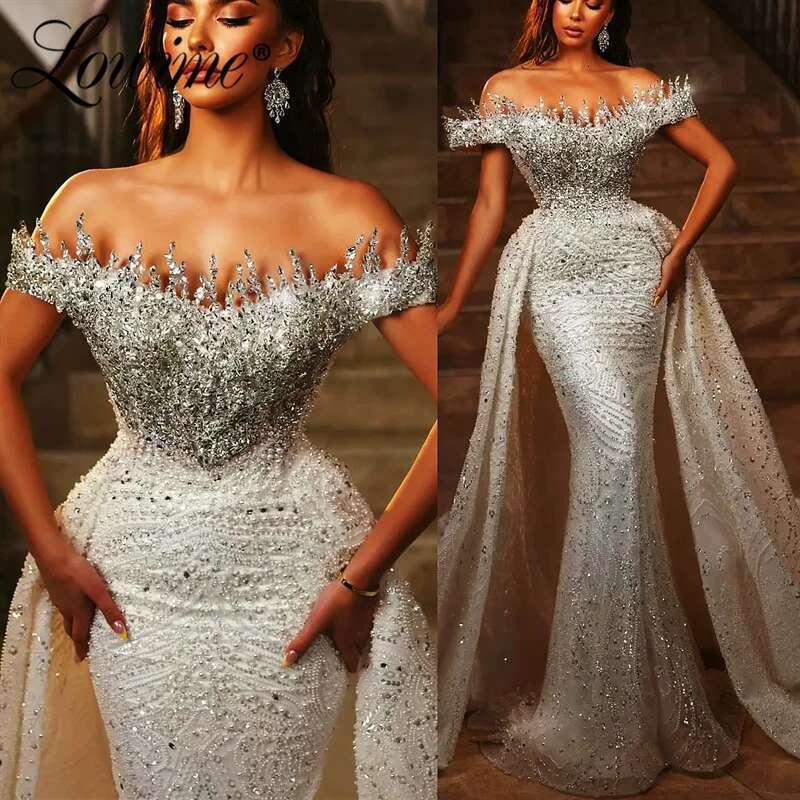 Haute Coutures 2025 Ivory Mermaid Prom Dresses Sparkly Crystals Pearl Arabic Dubai Evening Dress Off The Shoulder Robe De Soiree Dr0318