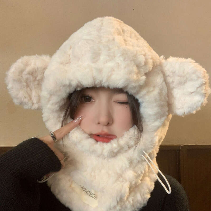 Thickened teddy bear scarf, mask, one-piece plush women's autumn winter Korean version, warm ear hat, cycg and cold protection