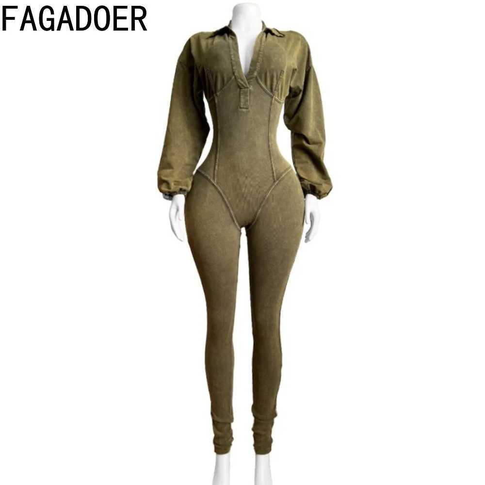 FAGADOER Fashion Solid High Quty Ribber Bodycon Womens V-neck Long Slender Ultra Thin Playsuits Womens Elastic Top X250318