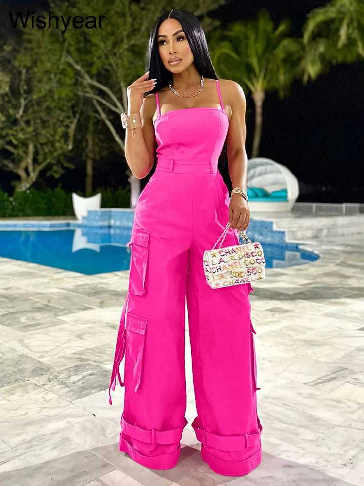 Fashion Multi Pocket Cargo Pants Wide Leg Jumpsuit Rompers Women Khaki Spaghetti Strap Backless One Piece Overalls Strtwear X250318