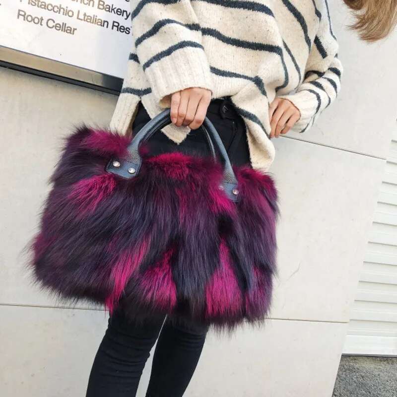 Fox Winter Women Fluffy Handbag Real Fur Female Shoulder Crossbody Evening Party Handbags Large Lady Clutch Bag