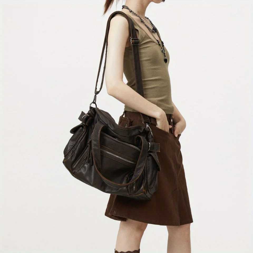 Handbag motorcycle bag soft PU leather large capacity shoe bag Y2K punk mti pocket crossover bag Y250318