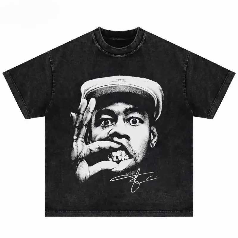 High quality cotton T-shirt vintage hip-hop portrait short sleeved loose mens Harajuku T-shirtT250318