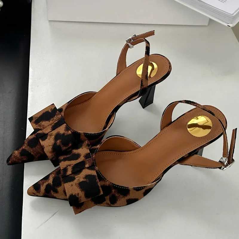 Equal 2025 Spring Elegant Knot Pointed Toe Win Pumps Designer Leopard Print High H Slingback Party Shoes Y250317