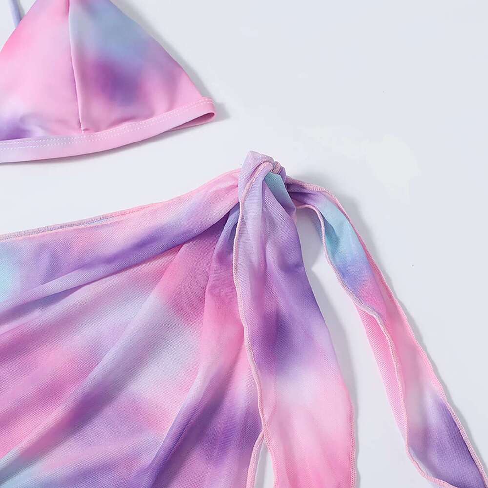 Women's slit tie dye printed high waisted bikini, mesh skirt, 3-piece swimsuit, cute