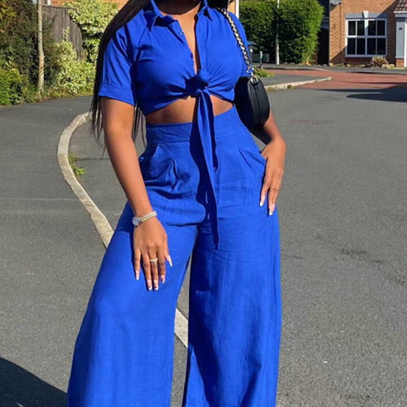 Summer plus size women's clothing new short sleeved wide leg pants two-piece set fashionable shirt set for women 250315