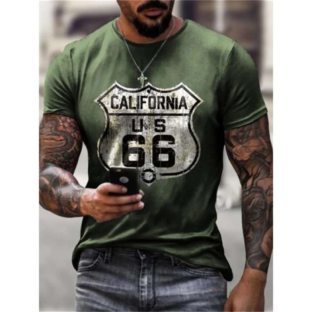 Men's short sleeved t-shirt, streetwear, retro, summer and cool, 3D printed letters, US Route 66