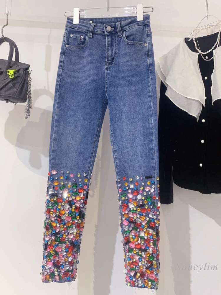 European Fashion Blue Women Heavy Industry Color Dia Design Comfortable Soft Stretch Skinny Jeans Denim Pants