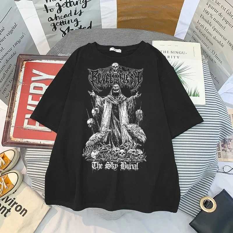 100% cotton T-shirt with skull print Gothic streetwear summer loose fit mens T-shirt punk dark pleated top Harajuku Y2K clothingXJ250318