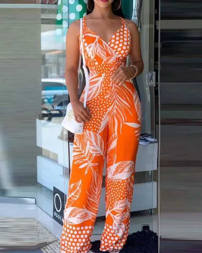 2023 womens long jumpsuit elegant and sexy tropical print new fashion spaghetti shoulder strap jumpsuit casual womens summer set X2503181