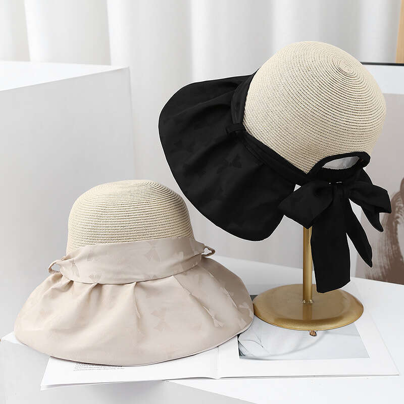 Elegant bow new style hat for women's summer travel, UV colored rubber beach sun hat, trendy