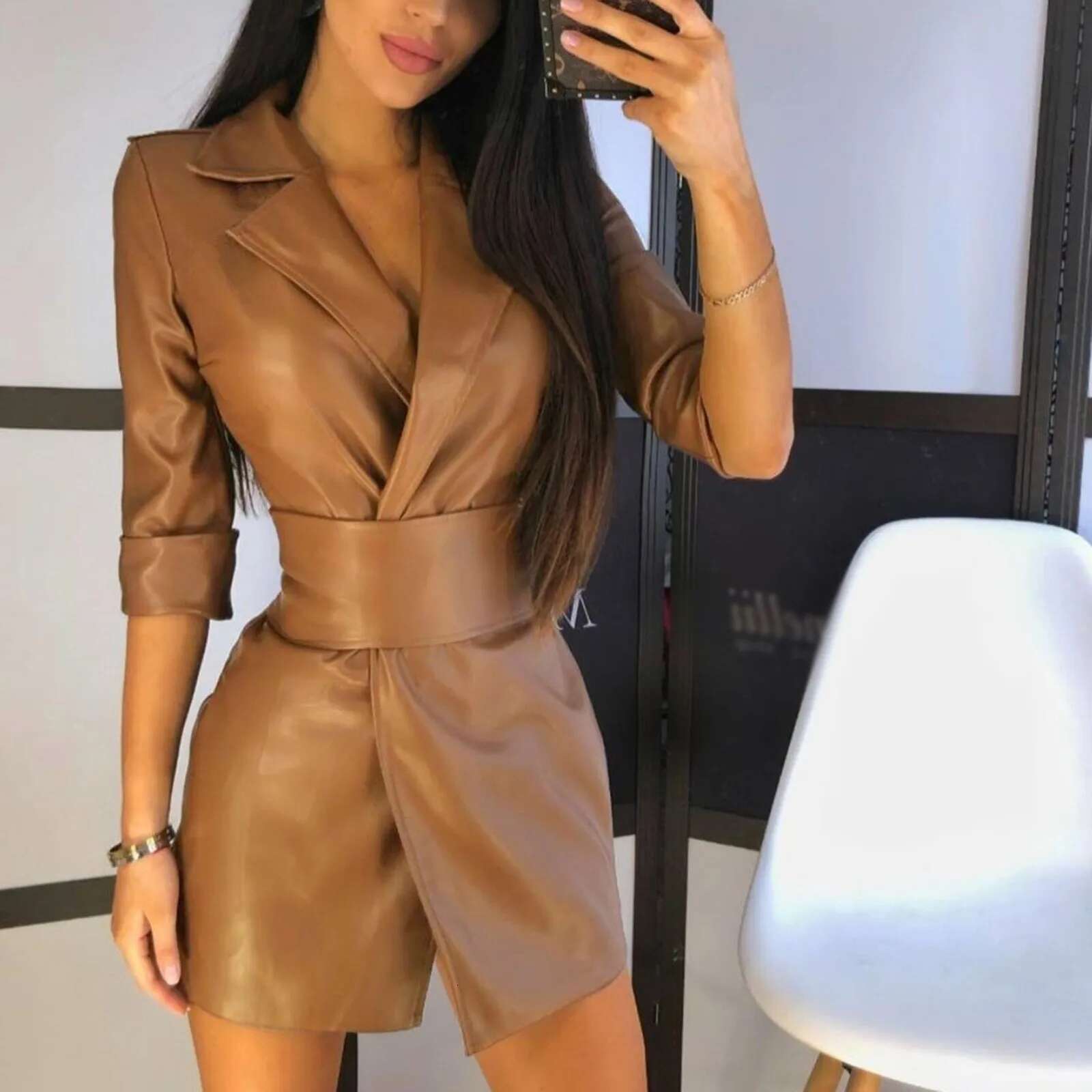 Sexy Women PU Leather Long Sleeve V Neck Winter Bodycon Blazer Mini With Belt Office Ladies Elegant Dress