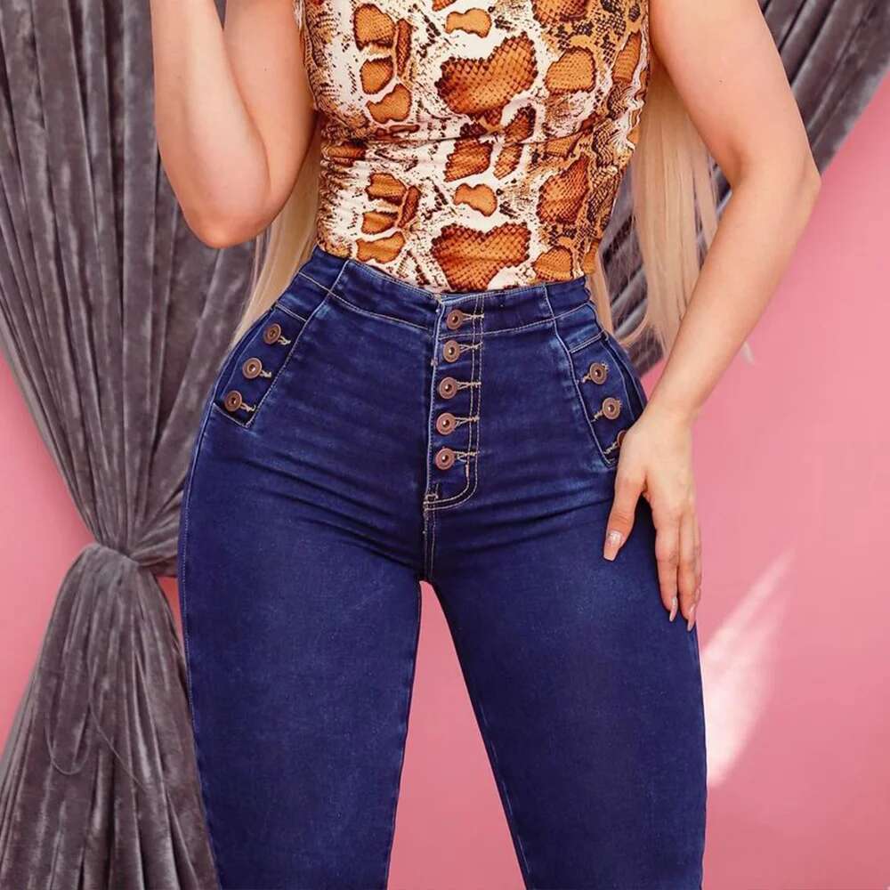 2023 Elasticity Skinny Jeans For Women High Waist Pants Button Style Butt Lifting Fashion Stretch Dark Blue Trousers