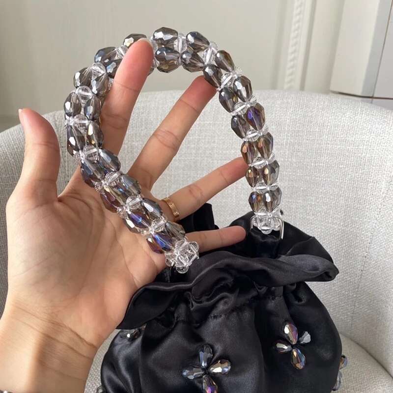 Satin Handmade Hobo Women Handbag Transparent Beads Beading Handheld Bucket Purse Fashion Evening Shoulder Bag