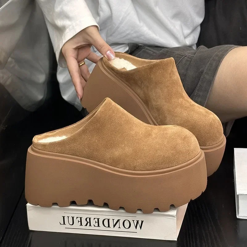 Half Slippers for Women Baotou Shoes Suede Womens Platform Slippers Winter Fluffy Slippers Versatile Loafers Cotton Shoes 250318
