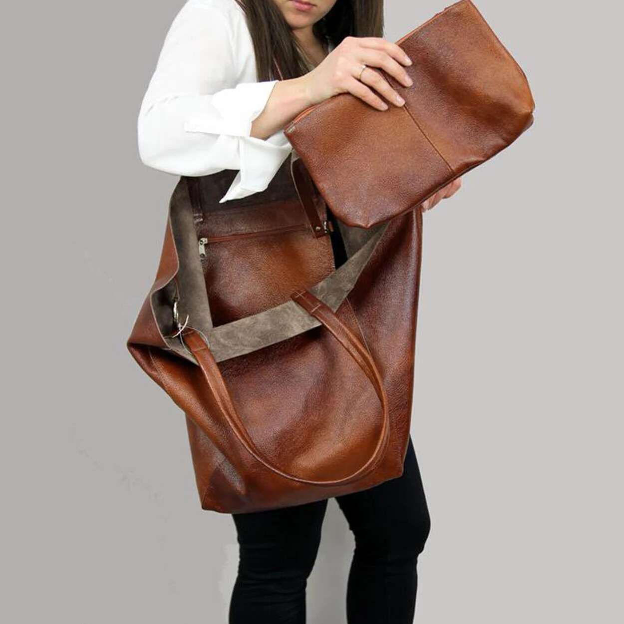 Retro 2 Set Shoulder High Capacity Tote Bags Metal Button Handbags Solid Color Multifunction Beach Bag For Ladies