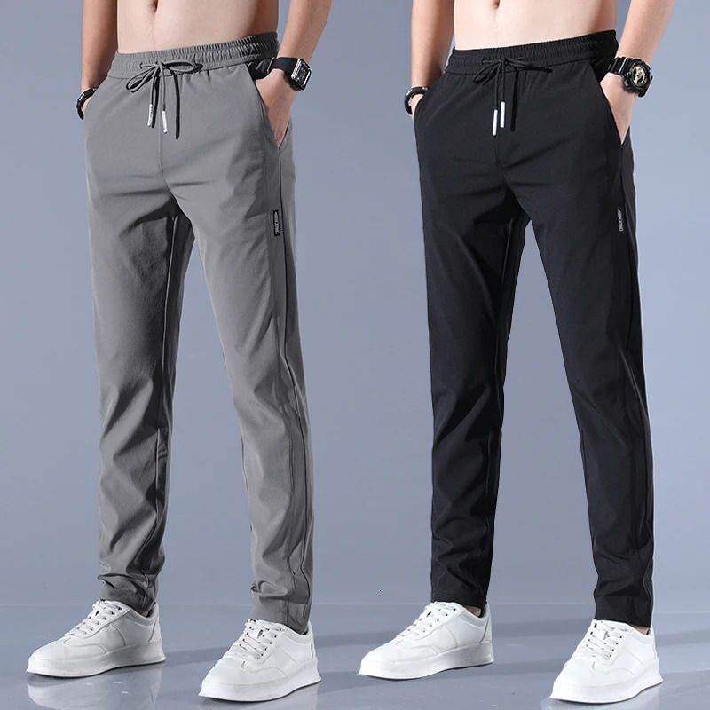 Straight tube ice silk pants for mens business trend sagging casual pants summer thin wide leg pants youngsters 250318