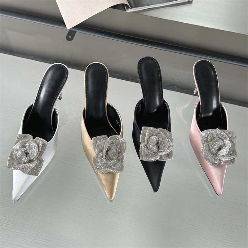 Eilyken Designer CRYSTAL Flower Silk Pointed To Wen Slippers Fi Thin H Party Dress Womens Me Shoes Y250317