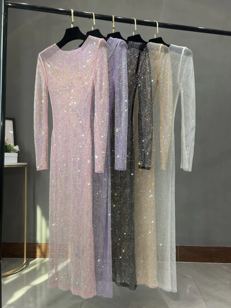 Club Apparel Sexy Rhinestone Dresses Long Sleeve Extra Diamond Dress 250318