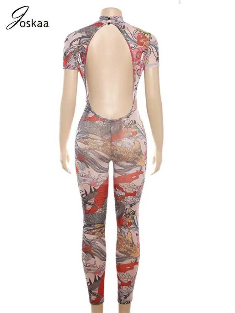 Joskaa Printed Mesh S Through jumpsuit for women short sleeveless tight fitting one-piece jumpsuit summer Y2K retro 2024 X250318