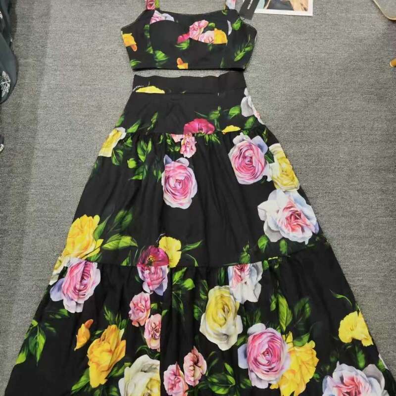 High End Dress With Fashionable Suspender And Floral Detailing