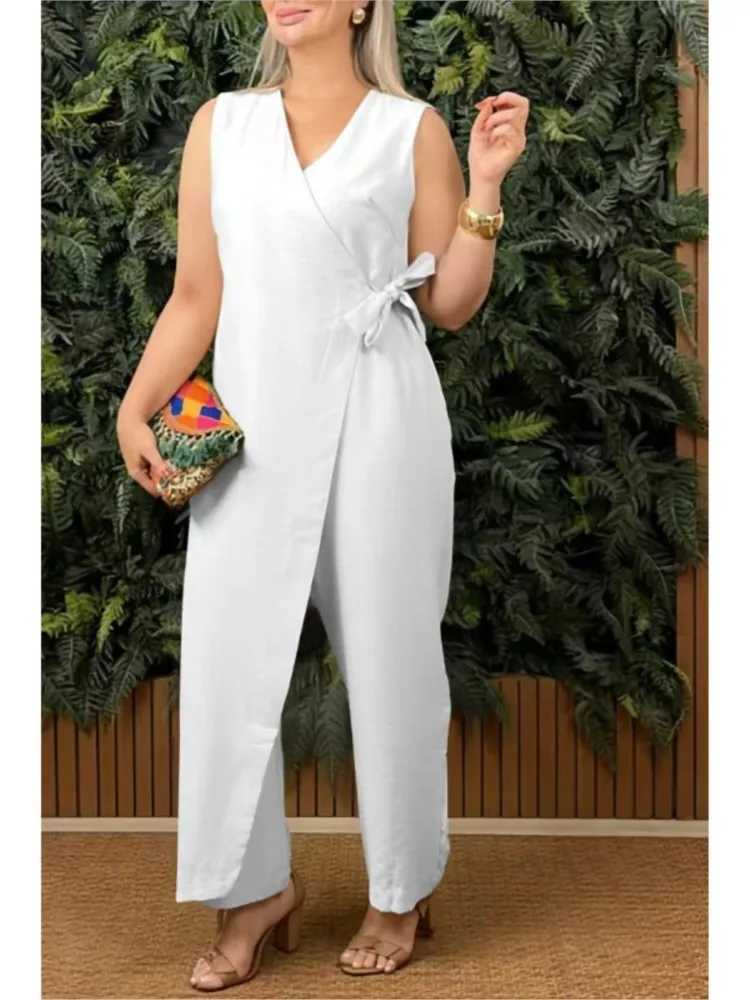 Elegant Womens V Neck Lace Up Jumpsuit Summer Slveless Hollow Out Solid Color Office Playsuit Casual Strtwear Loose Romper X250318