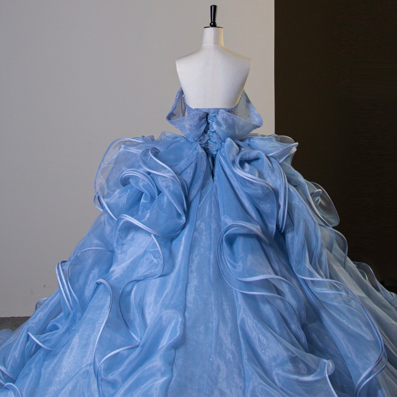 Blue Shiny Princess Ball Gown Quinceanera Dresses Crystals Beading Tull Tiered Sweet 16 Dress vestidos de 15 anos