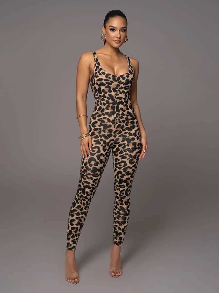 Gymdolphin womens sexy leopard print tight fitting nightclub jumpsuit spaghetti neck clothing workwear womens club clothing X250318