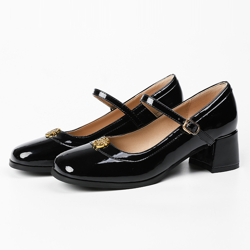 Women's single shoes new spring 2025 high heels square-toe slip-on chunky heel shoes Mary Jane shoes with one-word buckle and shallow mouth