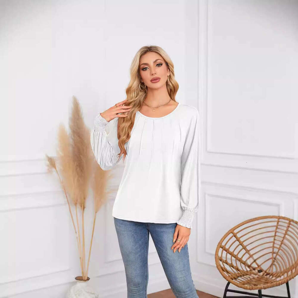 autumn winter popular European American women's round neck pleated long sleeved casual top T-shirt 2025 new style chic and elegant clothing