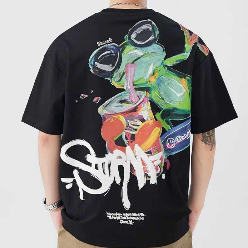 Y2K Fashion Street Hip-hop Style Trendy Brand With Frog Print For Men And Women 2024 Summer New Round Neck Short Sleeved ShirtXJ250318
