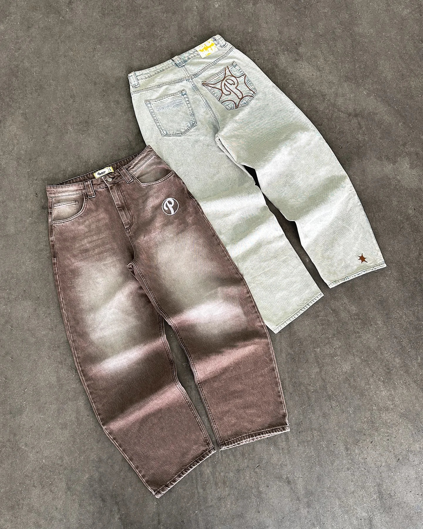 Streetwear PROTECT Jeans Y2K Mens Pants Harajuku Hip Hop Letter Embroidery Vintage Brown Baggy Jeans High Waist Wide Leg Trouser 250318