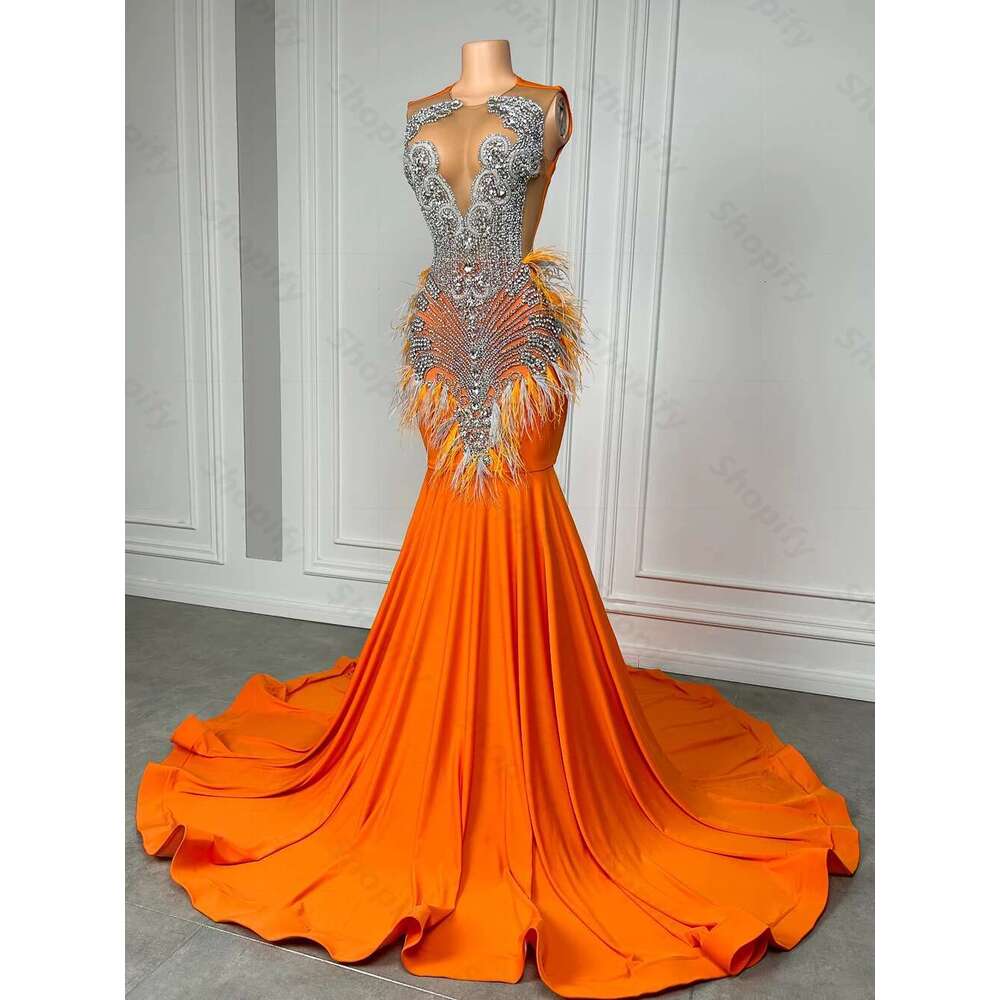 Long Orange Fitted Mermaid Dress 2025 Sier Beaded Rhie African Black Girls Satin Prom Gala Gowns Customized Dr0318