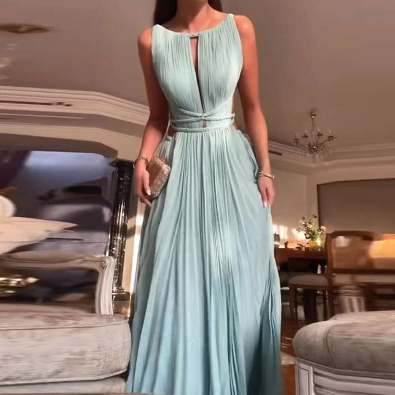 Sexy Hollow Out Backless Swing Beach Spring Summer Sleeveless Solid Party Women O-Neck High Waist Pleated Long Dress