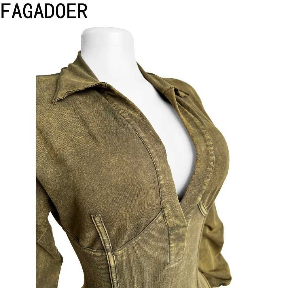 FAGADOER Fashion Solid High Quty Ribber Bodycon Womens V-neck Long Slender Ultra Thin Playsuits Womens Elastic Top X250318