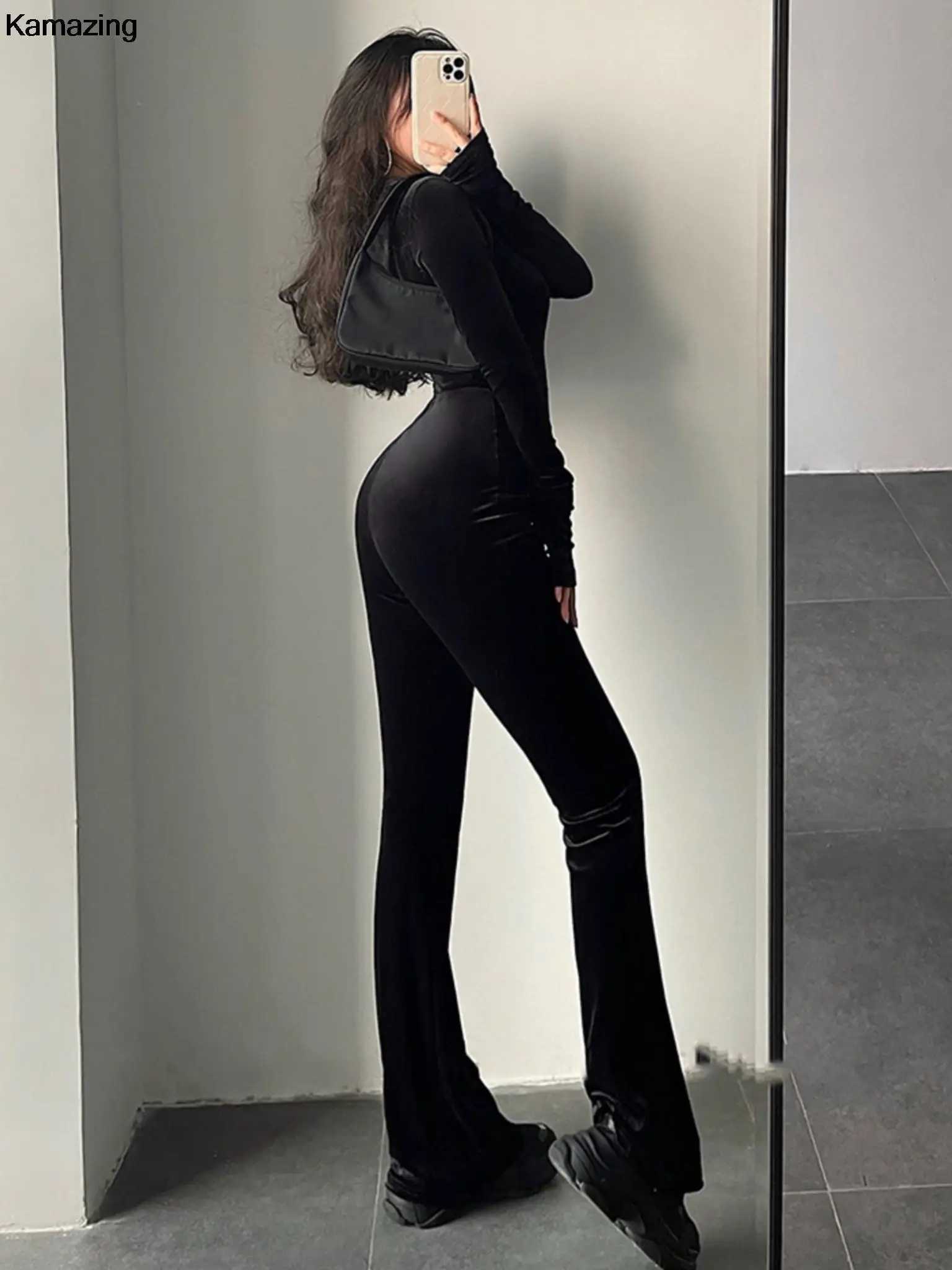 Autumn sexy Bodycon black velvet jumpsuit womens fashionable hoodie zipper flash pants jumpsuit retro Y2k Strtwear winter set X250318