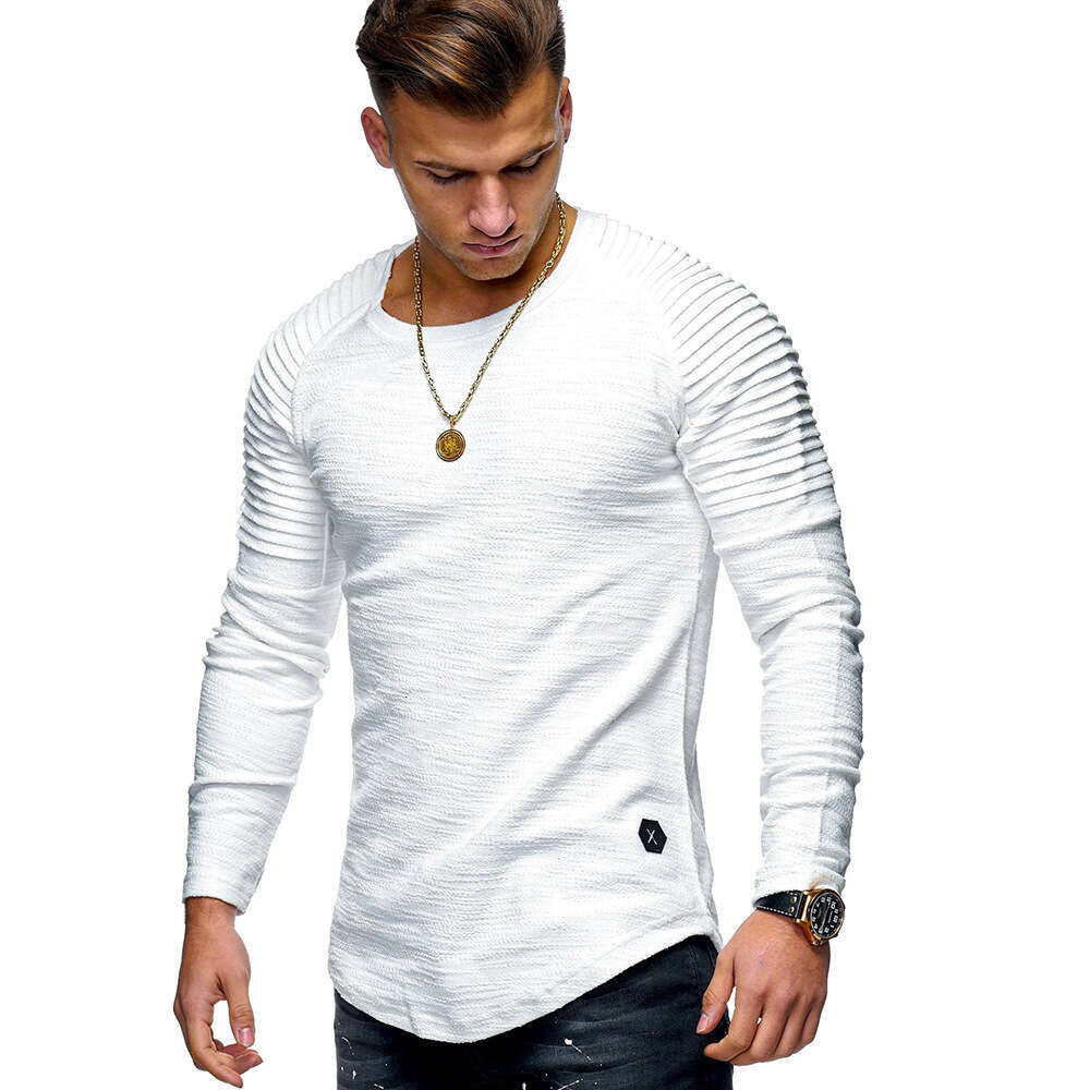 Military green solid color slim fit round neck long sleeved personalized fashionable pleated shoulder sleeves men's sports T-shirt, 2025 new styl