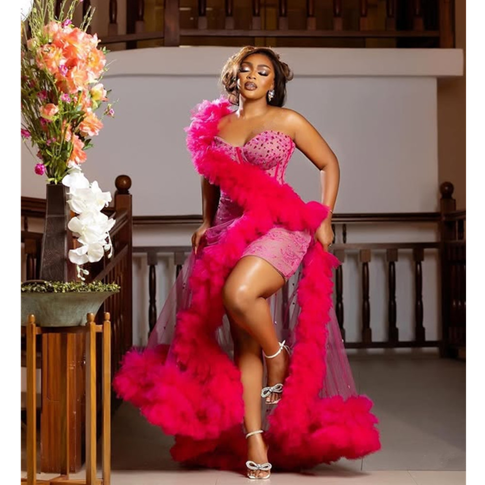 Fuchsia Cocktail Evening Dresses Beaded Appliques Mini Weddings Reception Gown Tulle Black Girls Short Homecoming Prom Dress